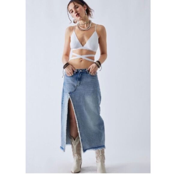Signature 8 denim maxi skirt side split cutout frayed distressed sz M boho west - Picture 1 of 9